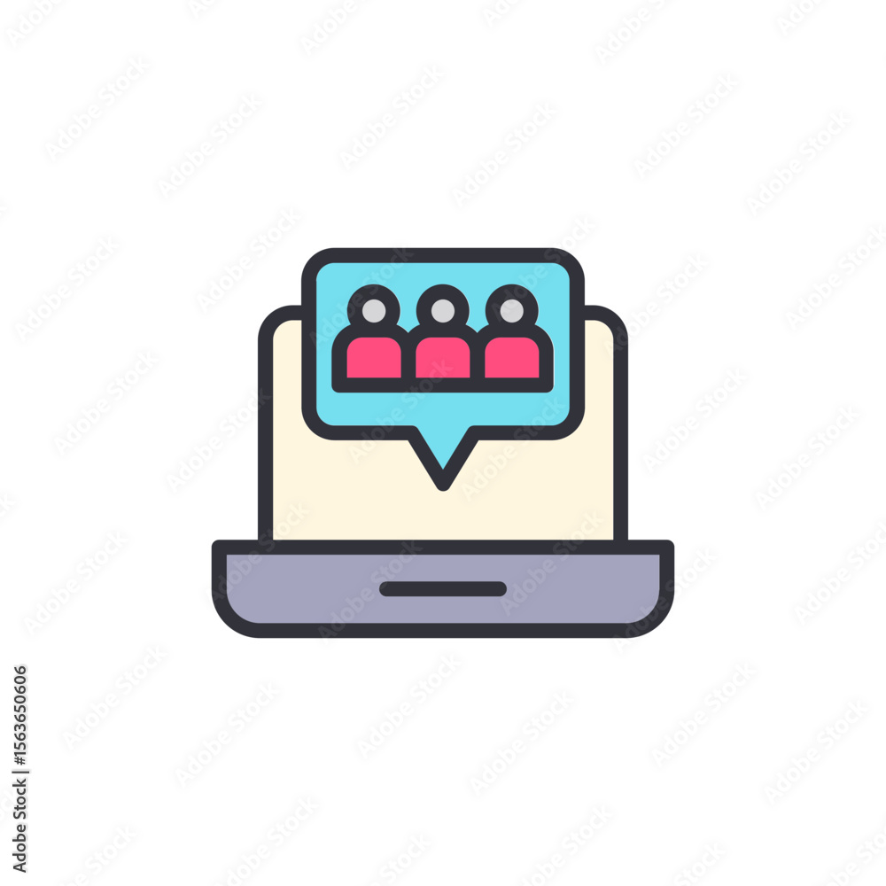 Poster laptop displaying group chat notification representing digital communication
