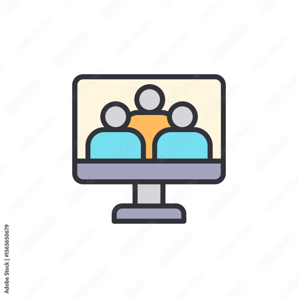 Poster digital meeting on modern computer display with simplified figures