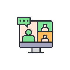 Colorful Icon Of Online Conference On Computer Screen With Chat