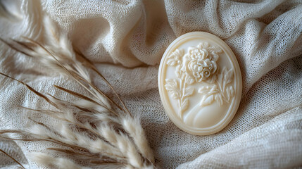 Elegant cameo with floral design on a soft, draped fabric background.