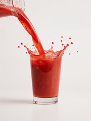 Pouring red liquid into a glass creating a splash with droplets on a plain white background studio shot
