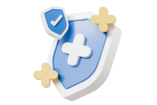 3d Shield with a cross icon symbol on isolated purple background. Protection of health from diseases. Healthcare security insurance medical concept. 3d Minimal insurance blue shield icon. 3d render.