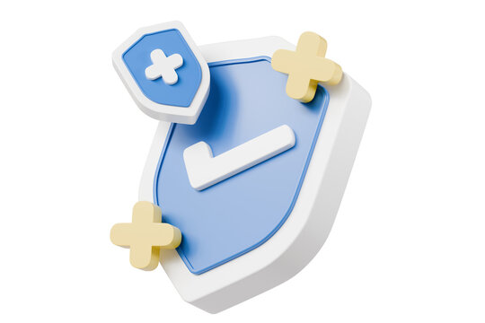 3d Shield with a cross icon symbol on isolated purple background. Protection of health from diseases. Healthcare security insurance medical concept. 3d Minimal insurance blue shield icon. 3d render.