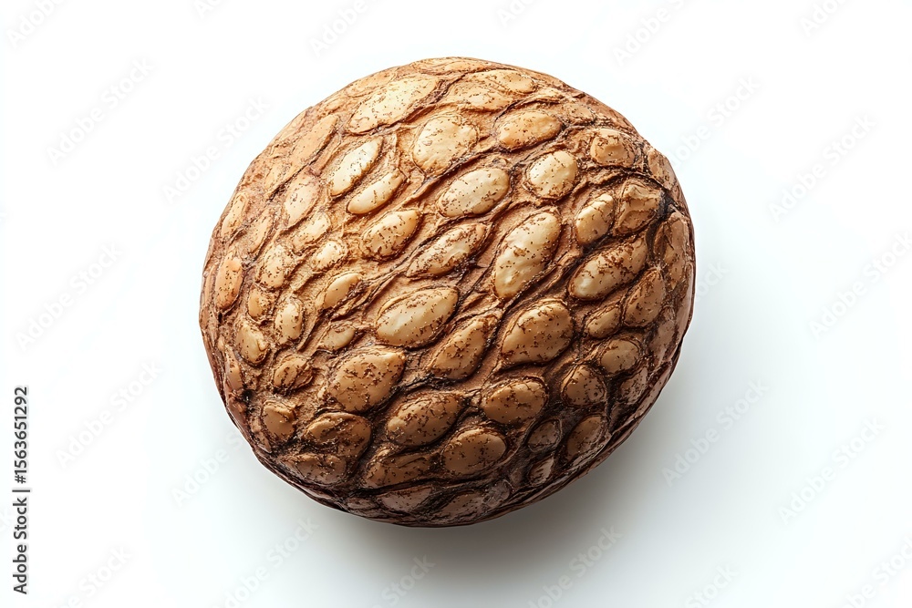 Poster single fresh nutmeg spice with textured brown shell surface isolated on white background, macro clos