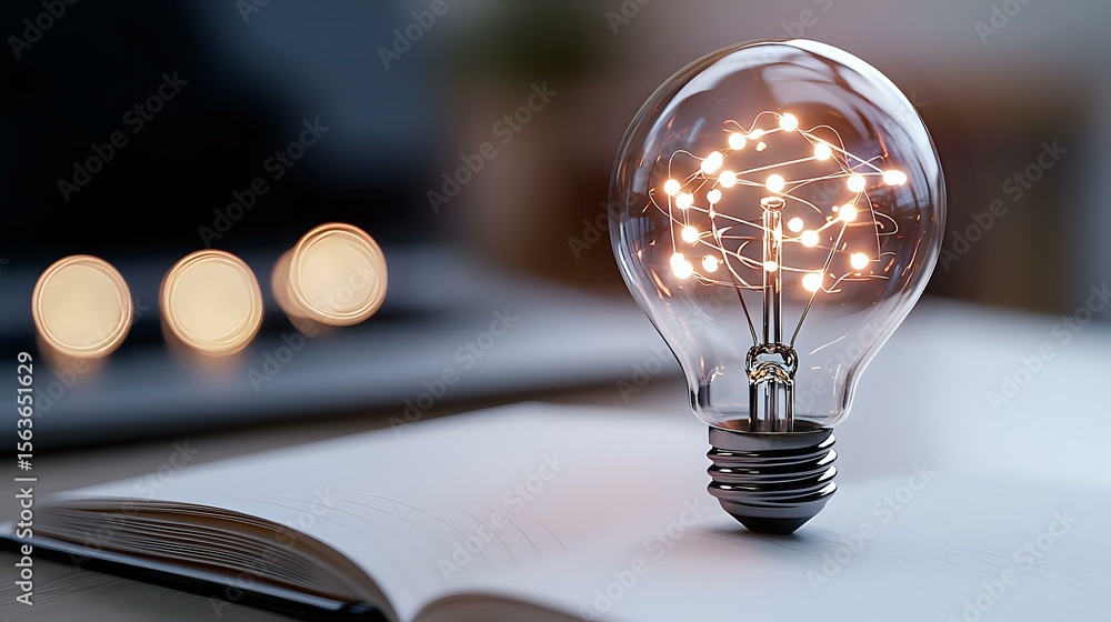 Poster glowing light bulb with illuminated neural network pattern inside on open book, symbolizing creative