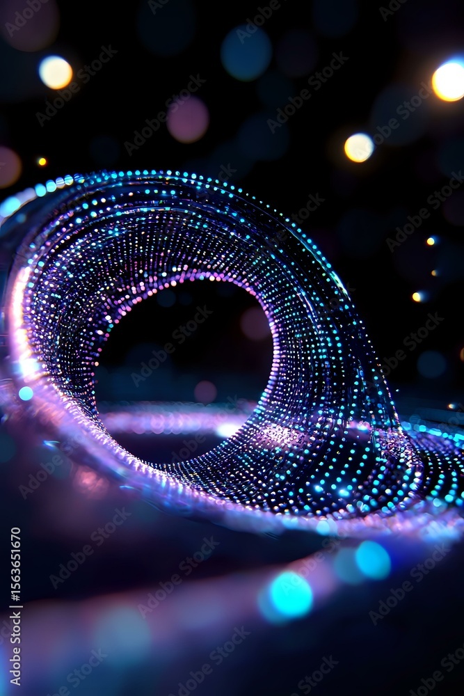Poster glowing spiral of luminous particles in blue and purple colors creating dynamic wave pattern against