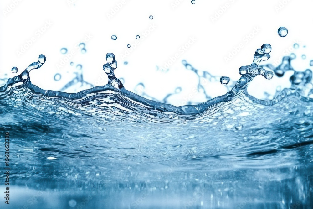 Poster close-up view of clear blue water splashing dynamically with droplets suspended in midair against a 
