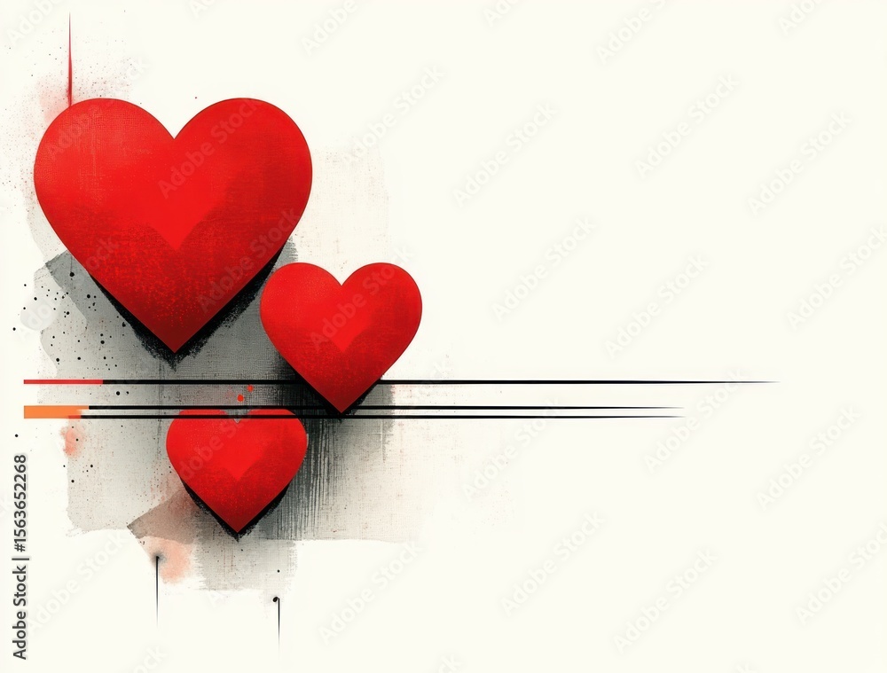 Poster three red hearts of varying sizes arranged on a pale background with abstract black and orange lines