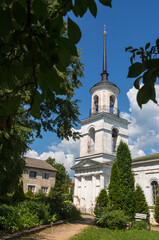 Kashin, Tver region, Russia -  9 July 2021: Russian scene: Ascension Cathedral of the 18th century on a sunny summer day