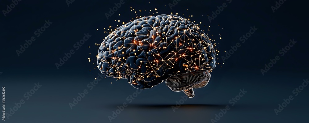 Poster glowing digital brain with interconnected neural network nodes floating on dark background, represen