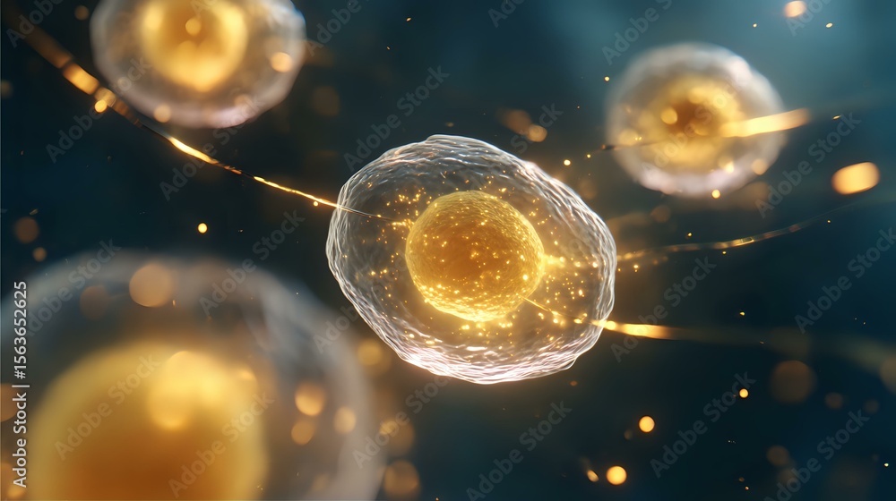 Poster glowing cells with golden nuclei floating in dark space, illuminated by bright energy streams and li