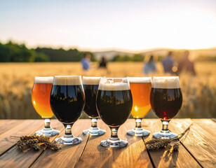Selective focus on group of filled beer glasses various color in the foreground on wood rustic table. Blurred background with lot of people talking and drinking beer by the barley field. Beer tasting 
