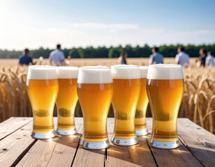 Selective focus on group of filled beer glasses various color in the foreground on wood rustic table. Blurred background with lot of people talking and drinking beer by the barley field. Beer tasting 
