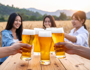 Selective focus on group of filled beer glasses various color in the foreground on wood rustic table. Blurred background with lot of people talking and drinking beer by the barley field. Beer tasting 