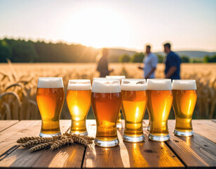 Selective focus on group of filled beer glasses various color in the foreground on wood rustic table. Blurred background with lot of people talking and drinking beer by the barley field. Beer tasting 