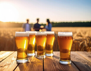 Selective focus on group of filled beer glasses various color in the foreground on wood rustic table. Blurred background with lot of people talking and drinking beer by the barley field. Beer tasting 