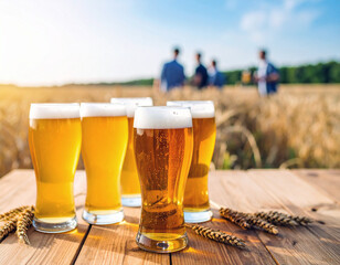 Selective focus on group of filled beer glasses various color in the foreground on wood rustic table. Blurred background with lot of people talking and drinking beer by the barley field. Beer tasting 