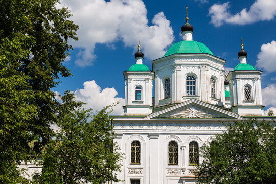 Kashin, Tver region, Russia -  9 July 2021: Russian scene: Ascension Cathedral of the 18th century on a sunny summer day