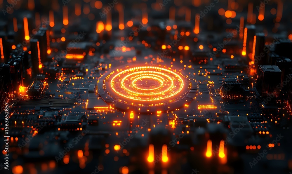Poster glowing orange circular pattern on futuristic circuit board with illuminated elements and depth of f