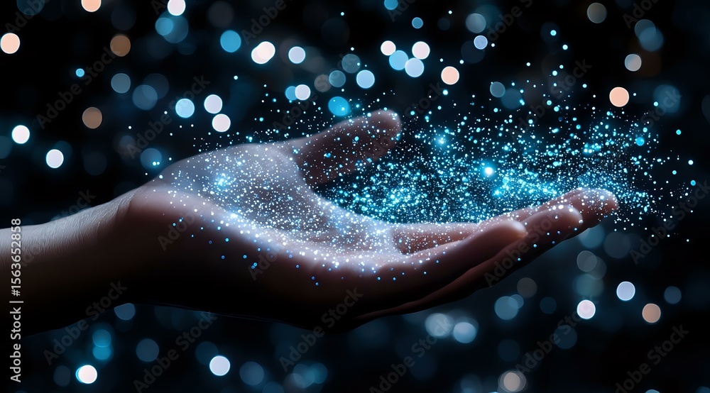 Poster magical glowing blue sparkles and stardust floating above open palm against dark background with bok