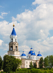 Kashin, Tver region, Russia - 9 July 2021: Scenic cityscape Kashin town in summer, Resurrection Cathedral on bank of the Kashinka River