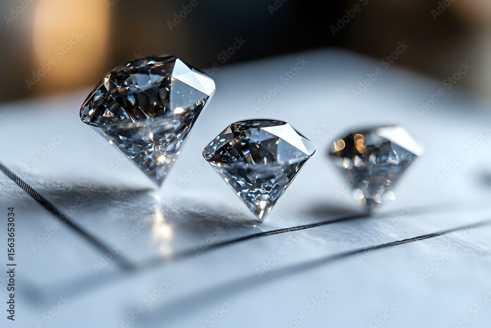 Poster sparkling clear diamonds arranged in row on reflective metallic surface with soft lighting creating 