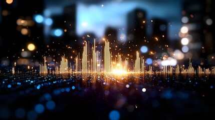 Obraz premium Glowing city skyline silhouette with illuminated fountains and bokeh lights creating magical urban nightscape atmosphere. Modern metropolis reflection in water.