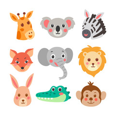 Set of animals cartoon face illustration. Giraffe, zebra, elephant, monkey and other cute animals vector.