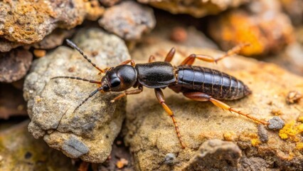 Detailed Close-Up of a Dark-Colored Insect with Orange Legs on Rough Terrain