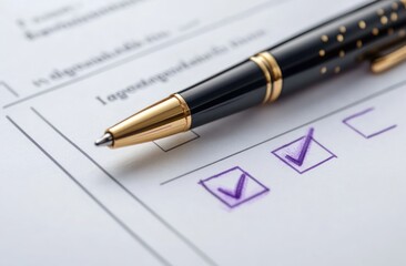 close-up of a black and gold pen resting on a paper checklist with purple checkmarks in two boxes