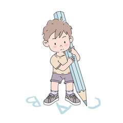 Little boy learning to write the alphabet on the ground with an oversized pencil. Educational flat-style vector illustration in soft pastel colors.