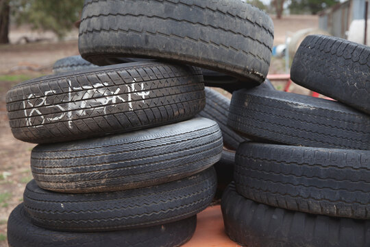 Stack of old tyres for recycling / re-use