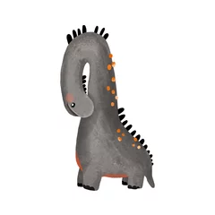 Selbstklebende Fototapeten Baby sticker. Funny baby dinosaur with long neck. Black dino. Cartoon monochrome dino on isolated background © Ilona
