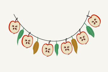 Christmas and Happy New Year vintage garland of apples for cards and other use. Trendy retro style. Holiday seasonal vector designs. Perfect for quirky holiday, Christmas invitation,greeting card