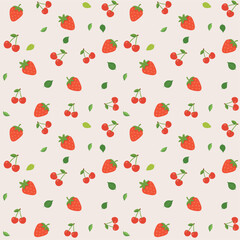 Seamless pattern with strawberries, cherries and green leaves on a light background. Colorful fruit design in flat style. Great for fabrics, packaging, wrapping and summer food projects.