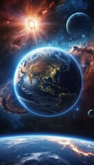 Obraz premium A radiant blue marble of Earth, a shining sphere adrift in the starry expanse of the cosmos, bathed in the sun's distant light, with the moon orbiting nearby