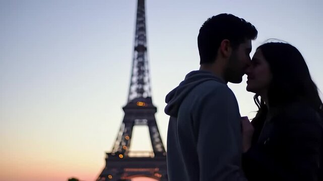 Couple embracing, Eiffel Tower sunset backdrop, romantic Paris scene, travel photo