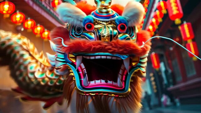 colorful dragon dancing during chinese new year celebration