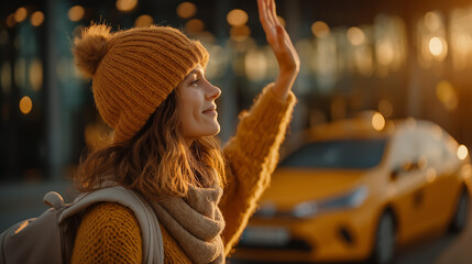 Woman hailing taxi in city: A young woman, wearing a cozy knit cap and scarf, extends her arm, hailing a taxi amidst the bustling urban landscape.