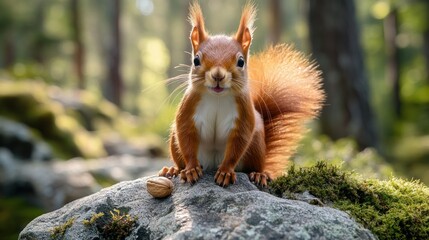 Alert squirrel on rock with nut in forest setting
