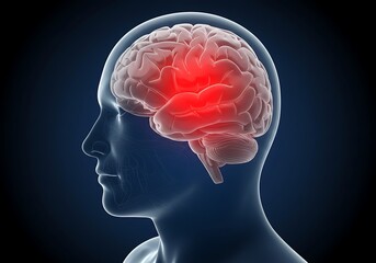 Obraz premium Human head profile with visible brain and red highlighted area
