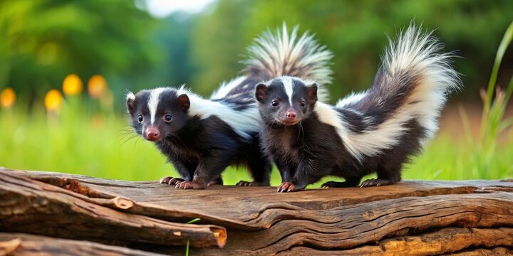 Two adorable striped skunks playfully perched on weathered log, amidst a vibrant green meadow with blurred bokeh background.