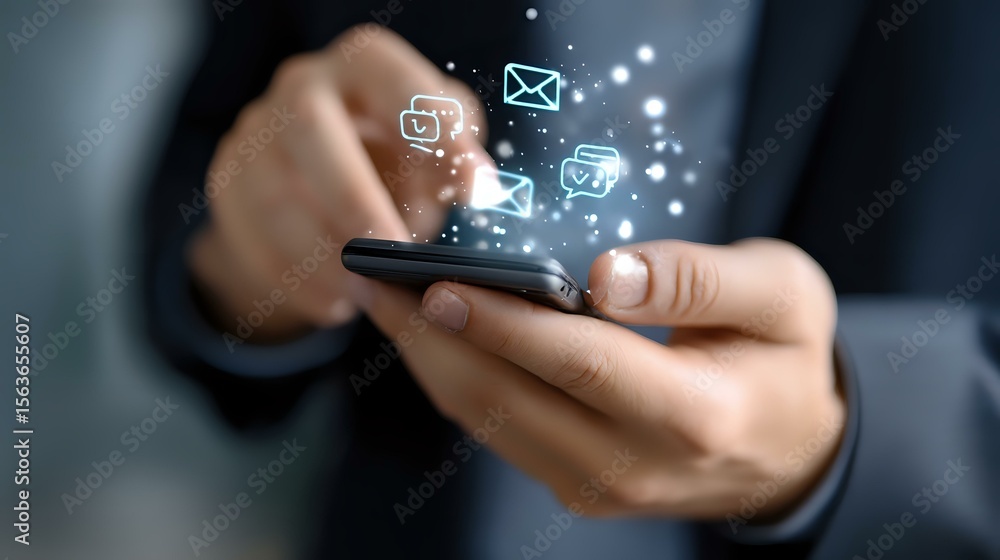 Poster hands holding smartphone with glowing message icons floating above screen, depicting digital communi