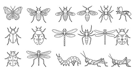 Insect Icon Set: Line Art Illustration of Butterfly, Bee, Ant, Beetle, Dragonfly, Spider, Caterpillar, and Grasshopper
