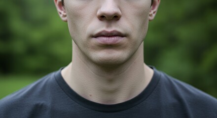 Close-up portrait of a young man's face and neck, his expression neutral against a blurred green background.