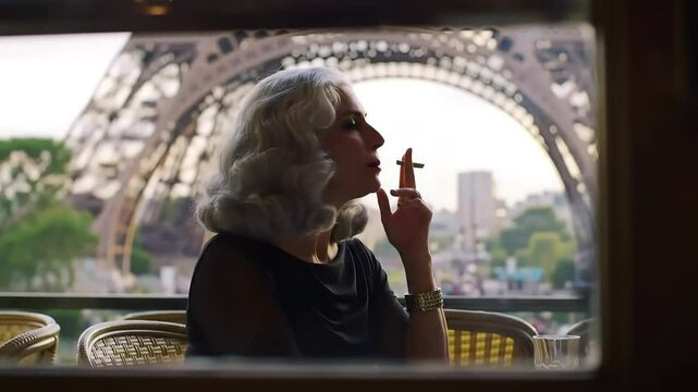 Parisian Cafe Woman smoking, Eiffel Tower view