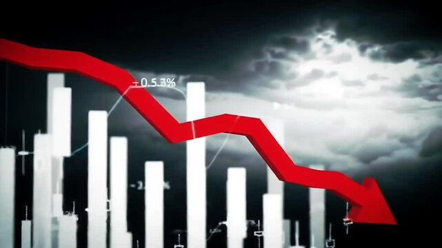 Red arrow showing falling stock, with bar chart, in dark ominous environment, for economic decline