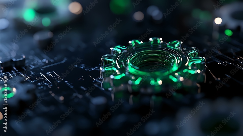 Poster glowing green circular tech element on dark circuit board with shallow depth of field creates futuri