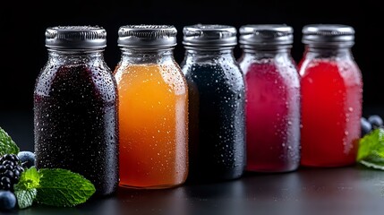 Fresh cold beverages in glass bottles with condensation drops, colorful natural drinks in purple, orange, blue, pink and red on dark background with mint leaves.