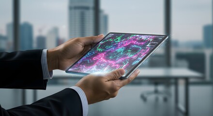 Businessman Analyzing Financial Data on Tablet in Modern Office